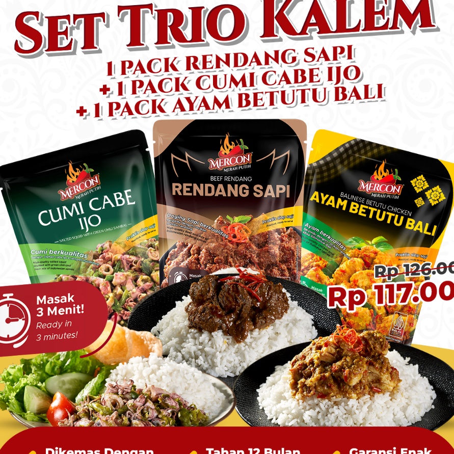 

COD Mercon Merah Putih Set Trio Kalem Rendang Sapi Cumi Cabe Ijo Ayam Betutu