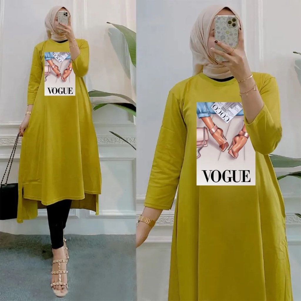 Long Tunik Remaja Kekinian Vogue Midi Dress Bahan Kaos Katun Combed 24s Size S M L XL XXL XXXL LD 90