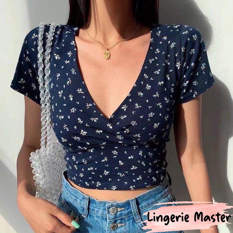 Grosir Promo   LINGERIE MASTER   T2 Korean Sexy Crop Top Atasan VNeck Lengan Pendek