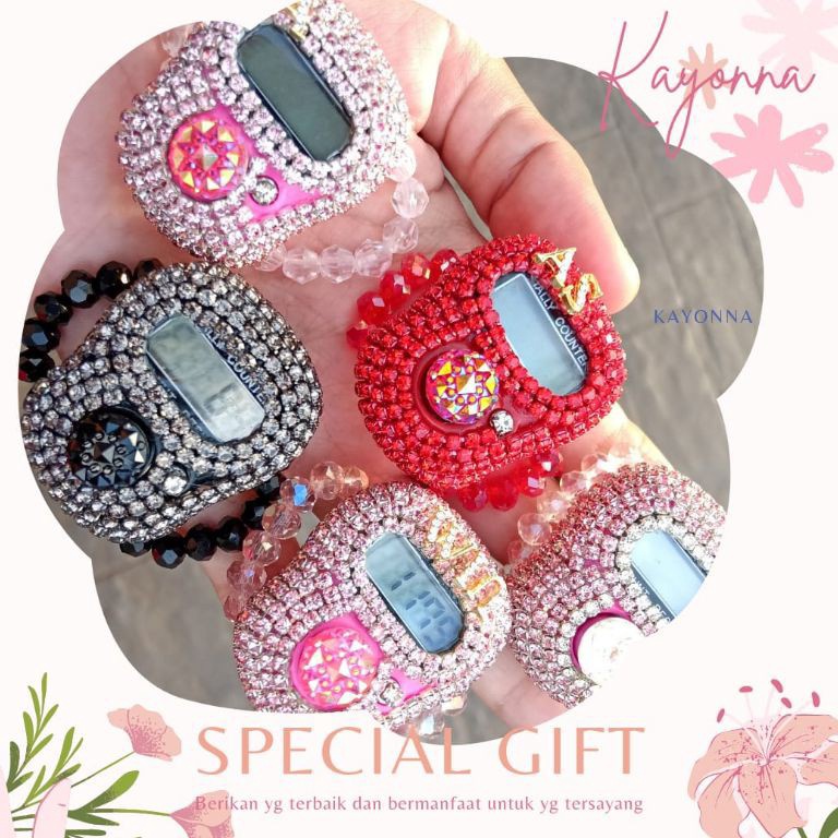 BEST SELLER Tasbih digital swarovski premium cantik non led custom nama mutiara cincin tali mutiara