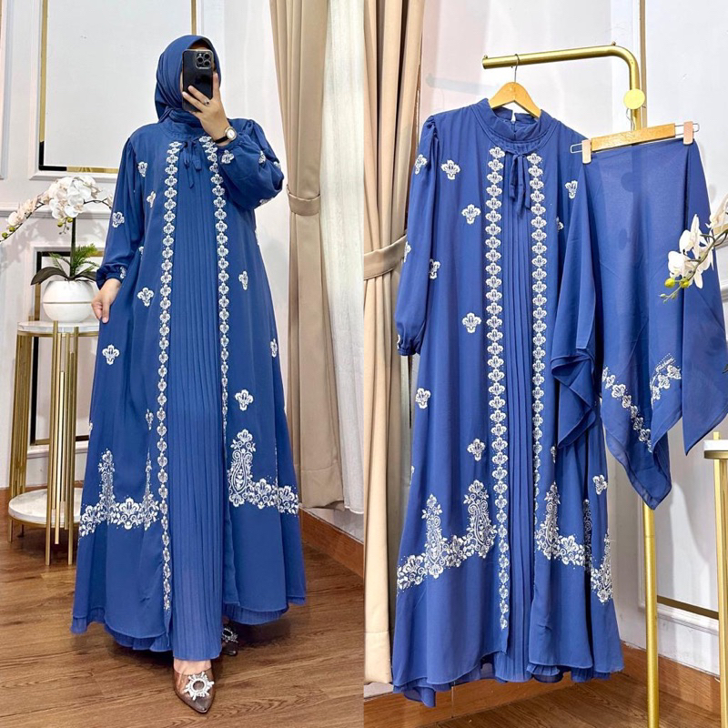 gamis plisket layer sett hijab bordir premium//gamis fashion wanita free jilbab segi empat