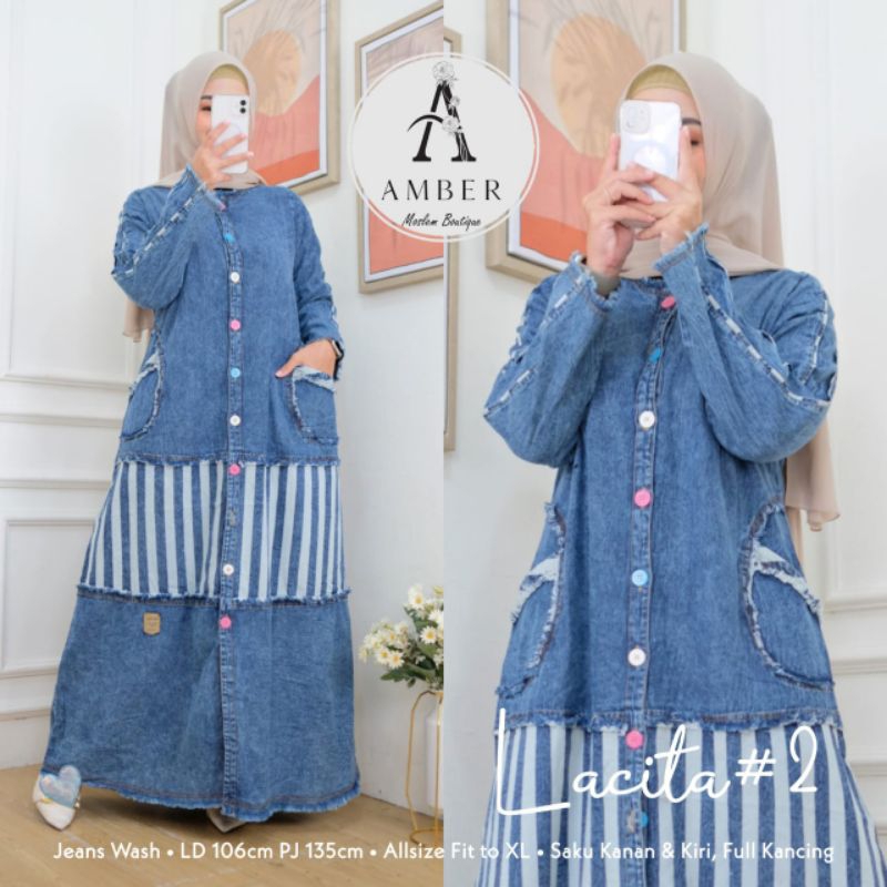 GAMIS JEANS TERBARU 2024 GAMIS JEANS KOMBINASI DRESS JEANS WANITA ORI AMBER