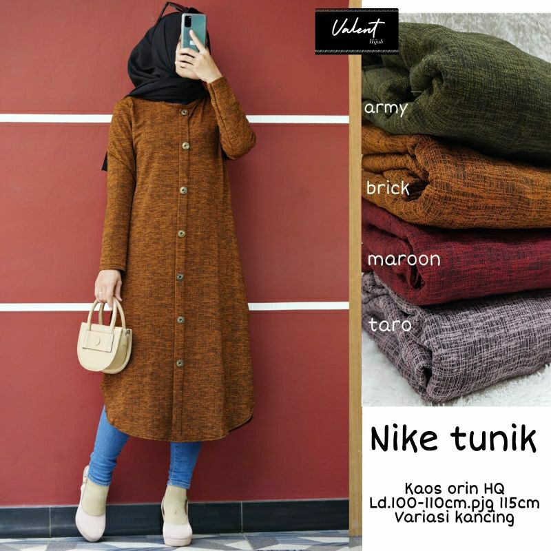 (LD 100-110) Nike Tunik Polos Baju Atasan Wanita Kekinian Bahan Kaos Orin HQ Ori Valent Hijab