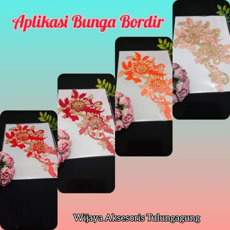 Aplikasi Bordir Dada 3D kombinasi Gold ukuran sedang|Bunga Tempel|Aplikasi Tempel Dada|Warna lengkap