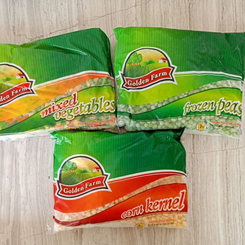 

[ 1 kg ] GOLDEN FARM kernel corn / green peas / mix vegetable / mix veggies / sayur beku 3 macam / jagung rebus pipil manis beku / polong beku / wortel beku / sayuran beku / frozen veggies vegetables / frozen corn