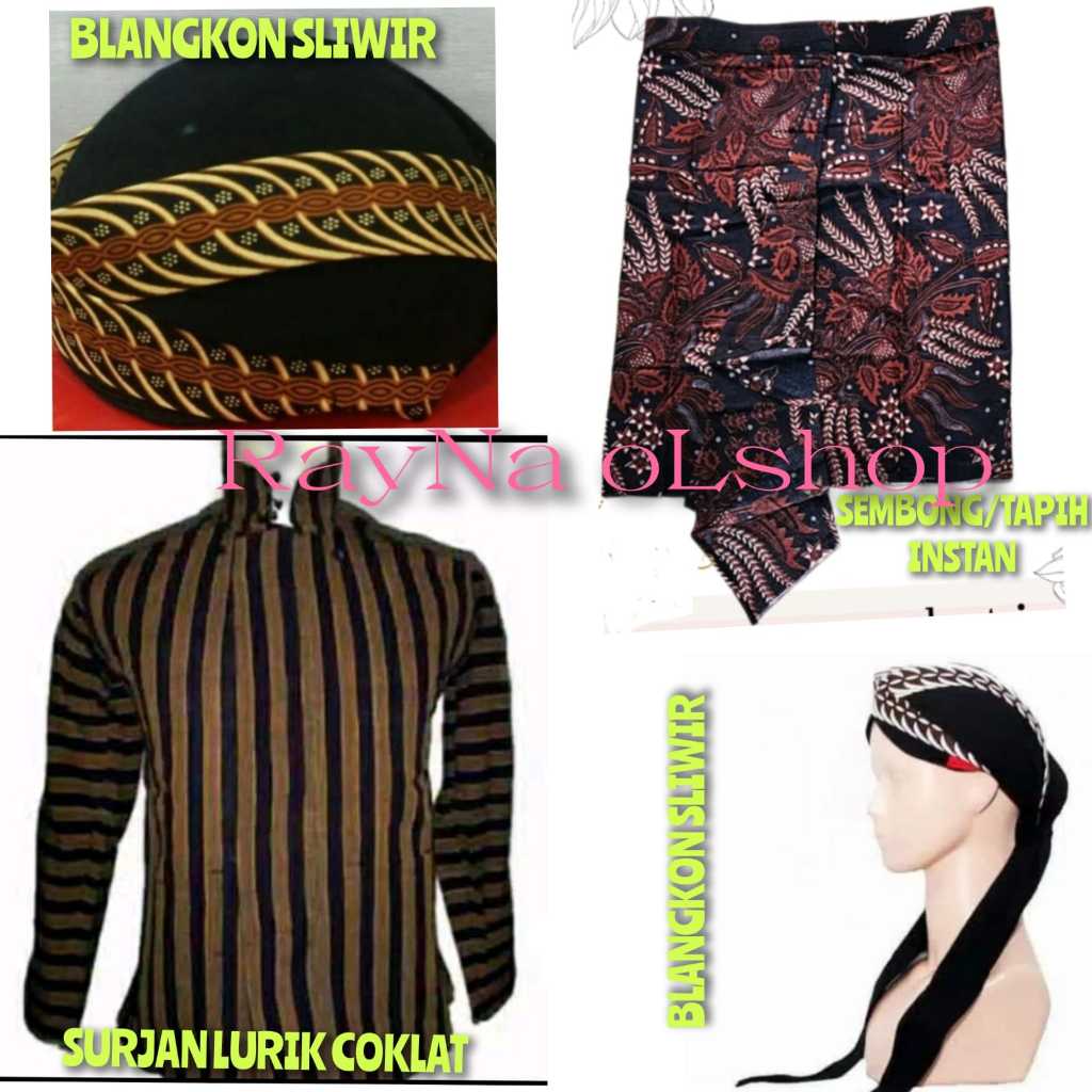 SETELAN LENGKAP BAJU ADAT JAWA PRIA, SURJAN LURIK COKLAT + BLANGKON SLIWIR + SEMBONG/TAPIH, PERLENGK