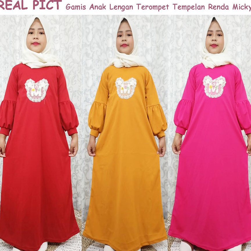 VIRAL  GAMIS ANAK LENGAN TEROMPET TEMPELAN RENDA MICKI CARLINA