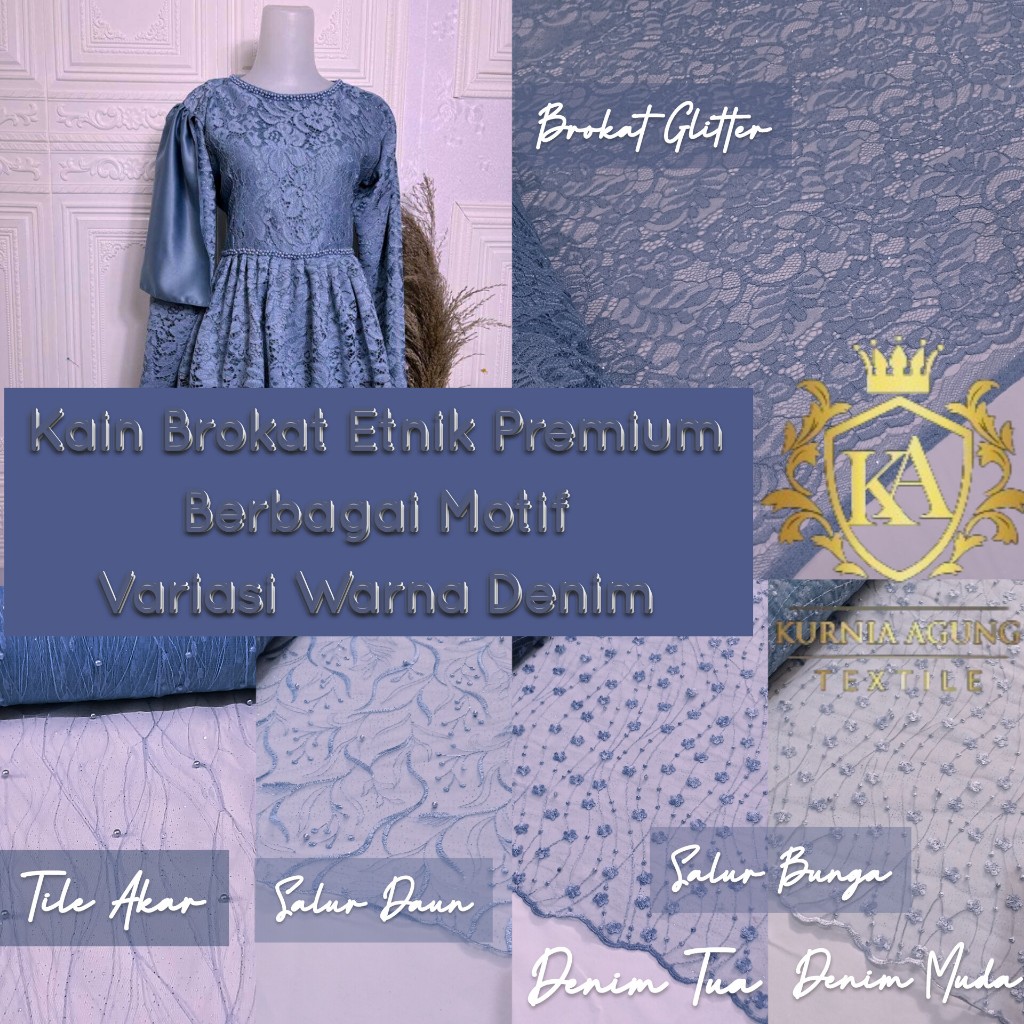 Kain Brokat Brukat Tile Bordir Mutiara Glitter Warna Denim Bahan Kebaya Dress Trend 2024