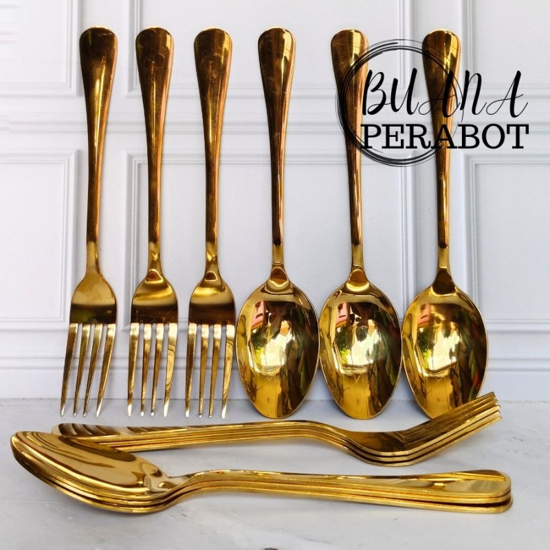 PROMO 1 SET SENDOK MAKAN EMAS DAN GARPU MAKAN EMAS TEBAL STAINLES / SENDOK RESTORAN SENDOK HOTEL
