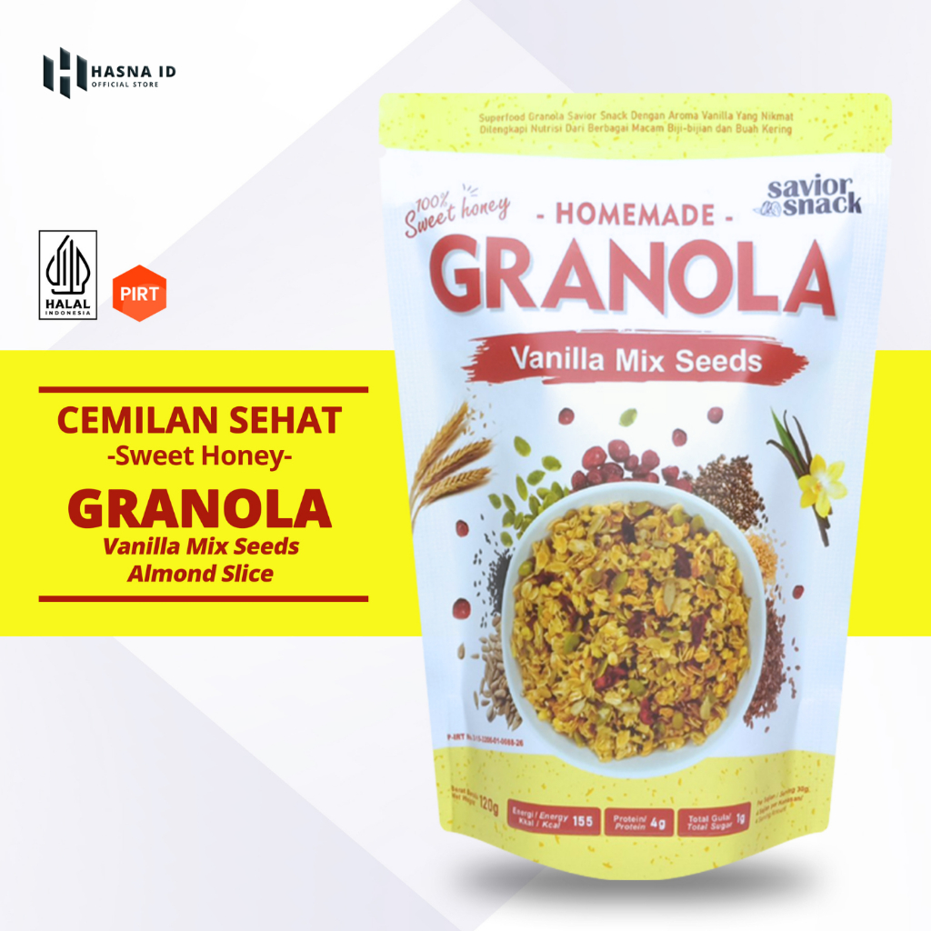 

Granola Vanilla Mix Seeds Almond Slice - Makanan Sereal Oatmeal Sarapan Sehat With Rolled Oat, Cranberry, Chia Seed, Rice Crispy, Sunflower Seed, Pumpkin Seed, Flaxseed, Sesame Seed White & Black, Madu, Olive Oil, Ekstrak Vanila - Savior Snack