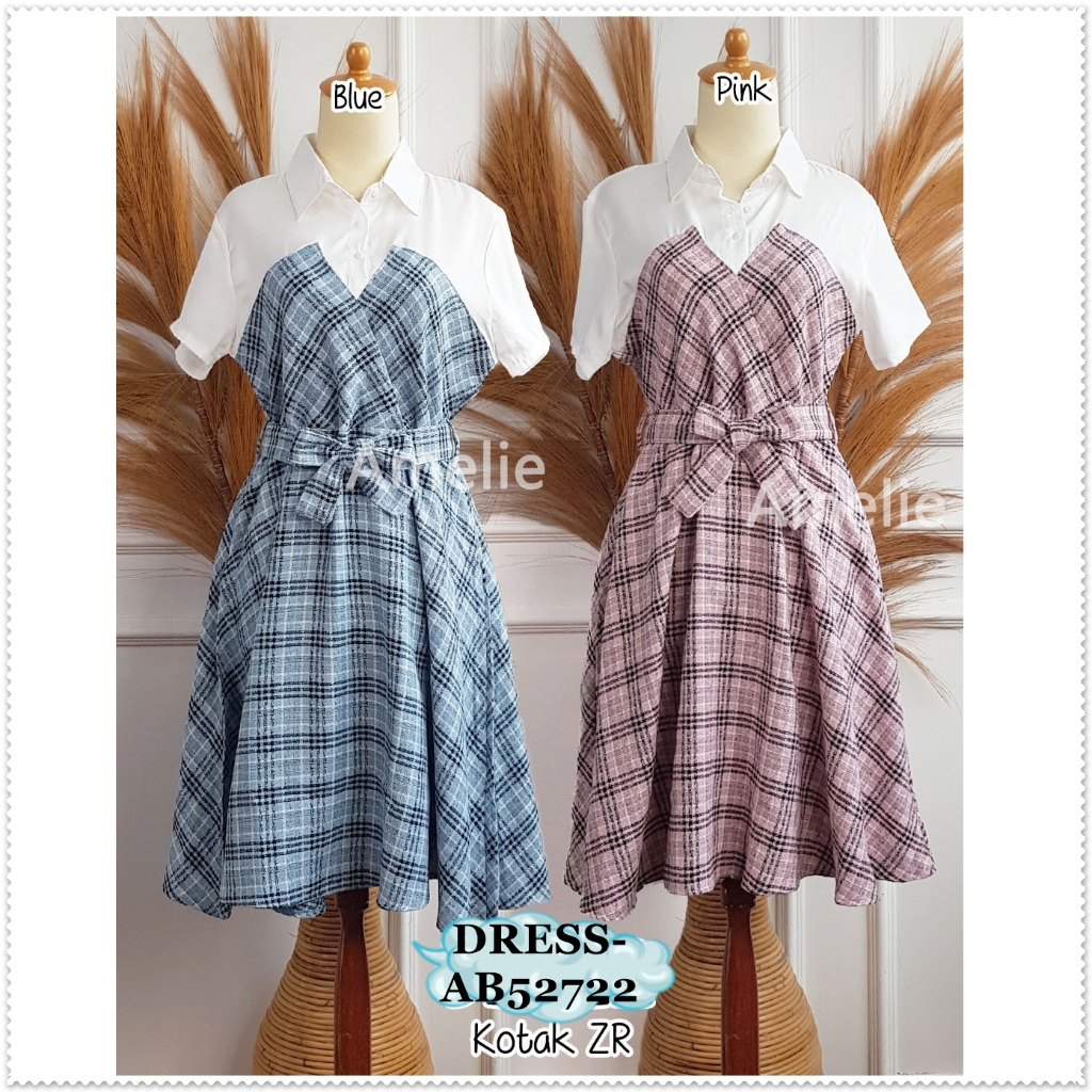 AB52722 Midi Mini Dress Kemeja Kotak ZARA Kerja Wanita Korea Import Biru Pink Hijau Cream Blue Green