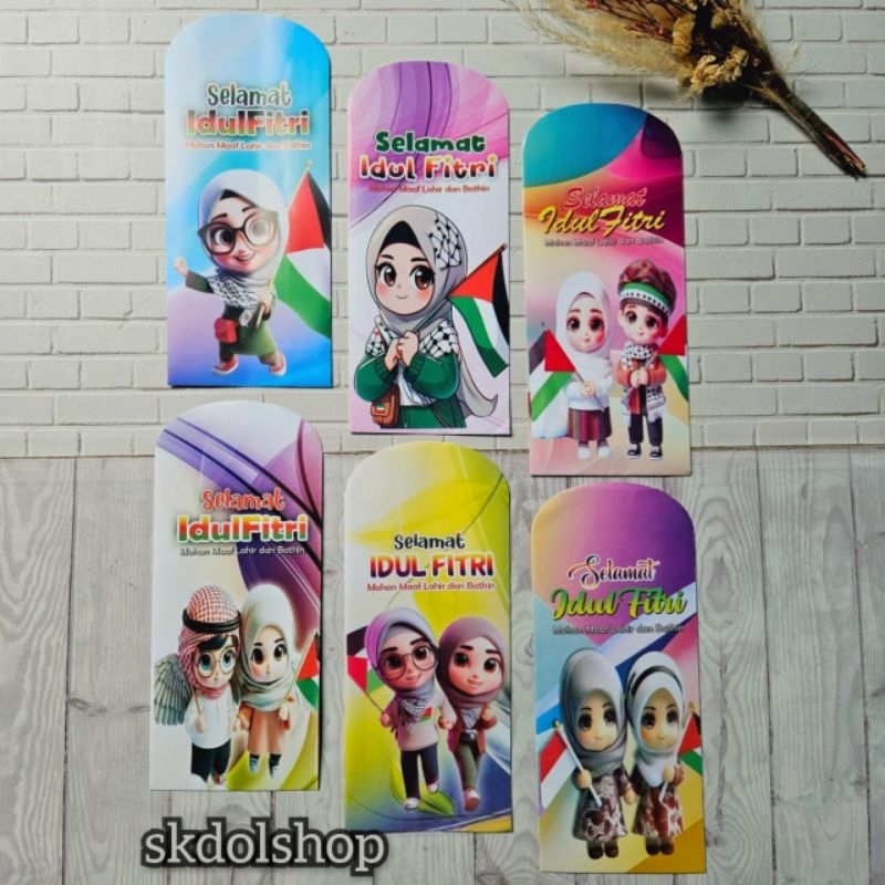 

Amplop lebaran angpau lebaran kartun palestina ukuran L/panjang isi 60 lembar mix 6 gambar