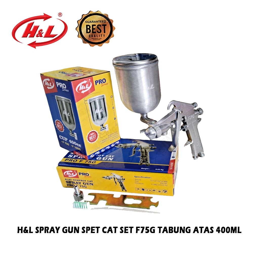 Set H&L F75G Spray Gun Spet Alat Semprot Cat Angin Mesin Kompresor F75 Tabung Atas 400ml / Spray Gun
