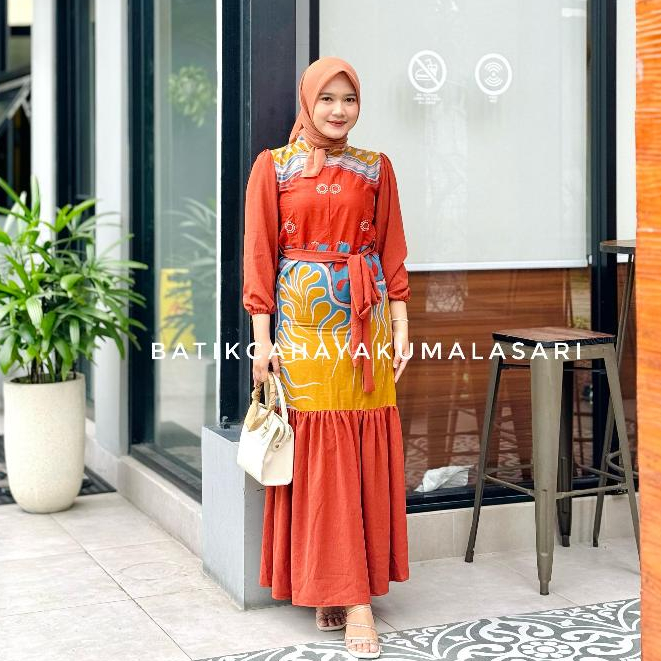 FATIMAH Dress Batik Wanita Kombinasi Polosan Motif MISHA TERACOTA - Baju Muslim Wanita - Gamis Wanita Elegan