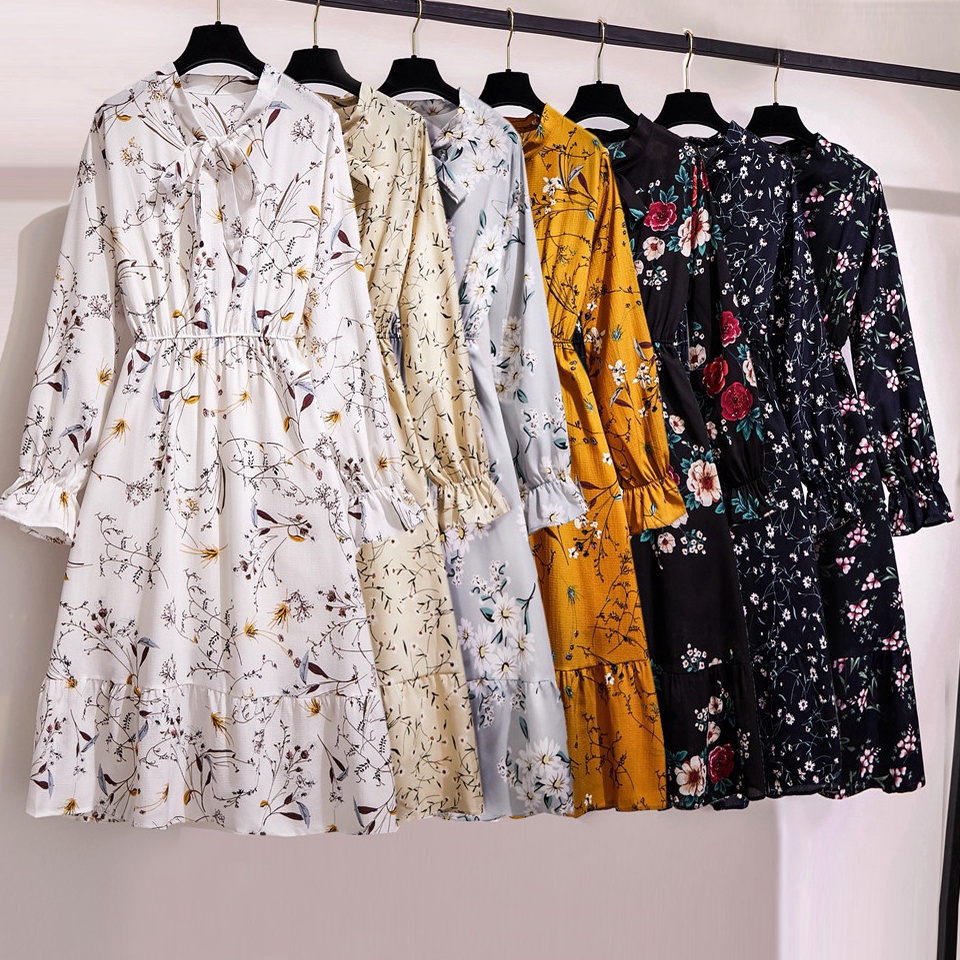 BEST SELLER Warna solid hitam merah Wanita midi dress korea lengan panjang Muslimah motif bunga panj