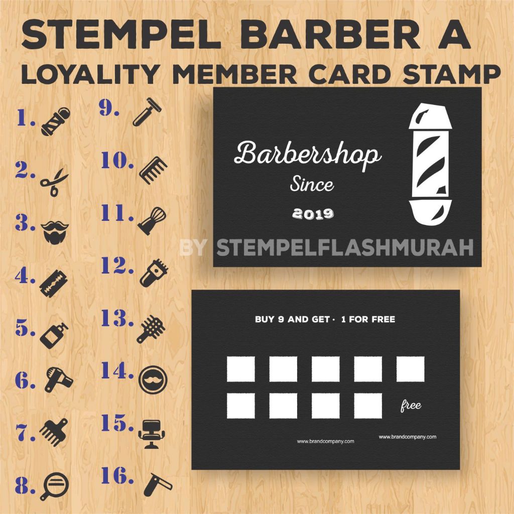 

stempel promo barber A salon 1cm shop loyality kartu nama member card cukur pangkas rambut barbershop stamp