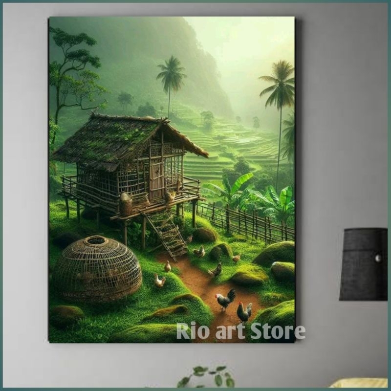 Hiasan dinding poster lukisan ai ayam dan alam indah untuk walldekor atau dekorasi dinding