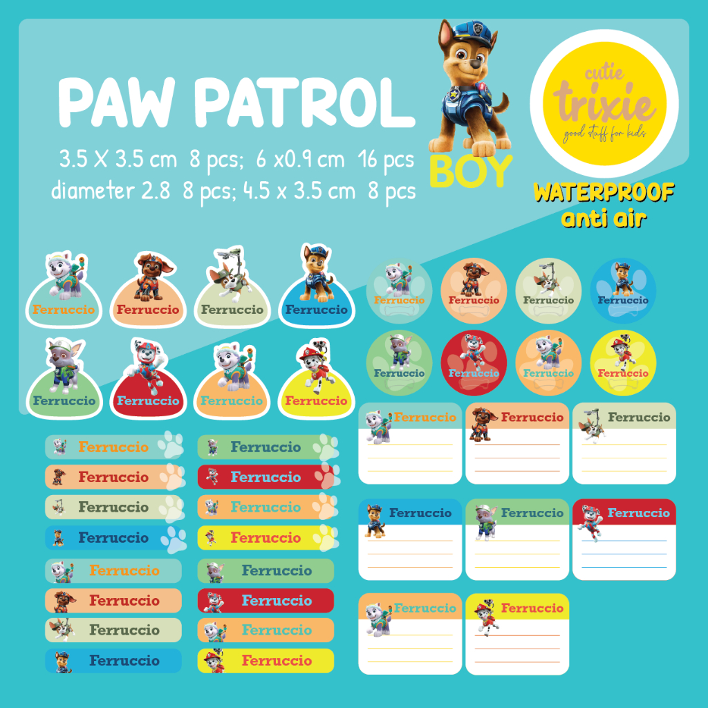 

Sticker label nama anak waterproof Paw Patrol Movie