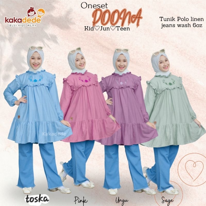 stelan tunik katun linen + celana jeans wash anak perempuan remaja 4 - 15 tahun up set doona kakaded