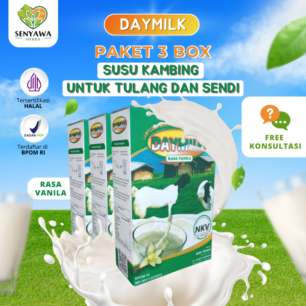 

PAKET 3 BOX SUSU DAYMILK RASA VANILA - Susu Kambing Etawa Bubuk Premium - Memelihara Kesehatan Tulang, Sendi, Meminimalisir Gejala Asam Lambung, Maag, Diare, Melegakkan Pernapasan Sesak dan Tidak Bau Prengus - 200gr Halal BPOM