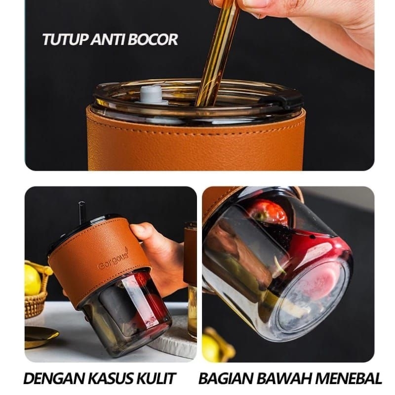TUMLBLER GELAS KACA AESTHETIC DENGAN SEDOTAN&TUTUP GELAS VINTAGE