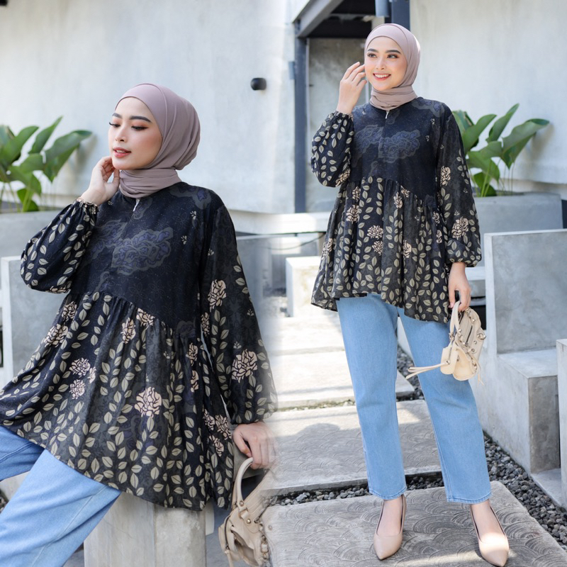 Baju Atasan Wanita Blouse Bigsize Jumbo ld 130 /ld 120 Warna Hitam Motif Etnik Bunga