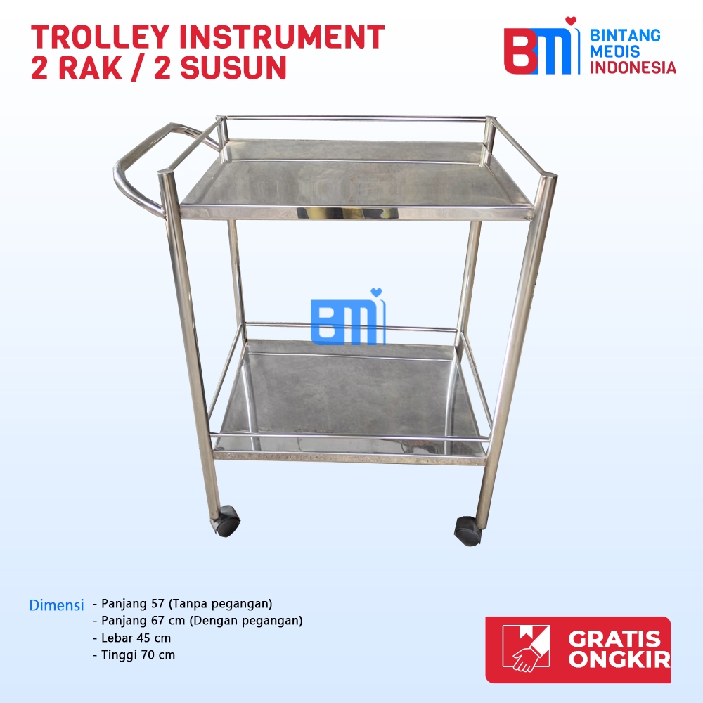 Trolley Instrument 2 Rak - Trolley instrument 2 susun Stainless Steel - Trolley Dorong Rumah Sakit