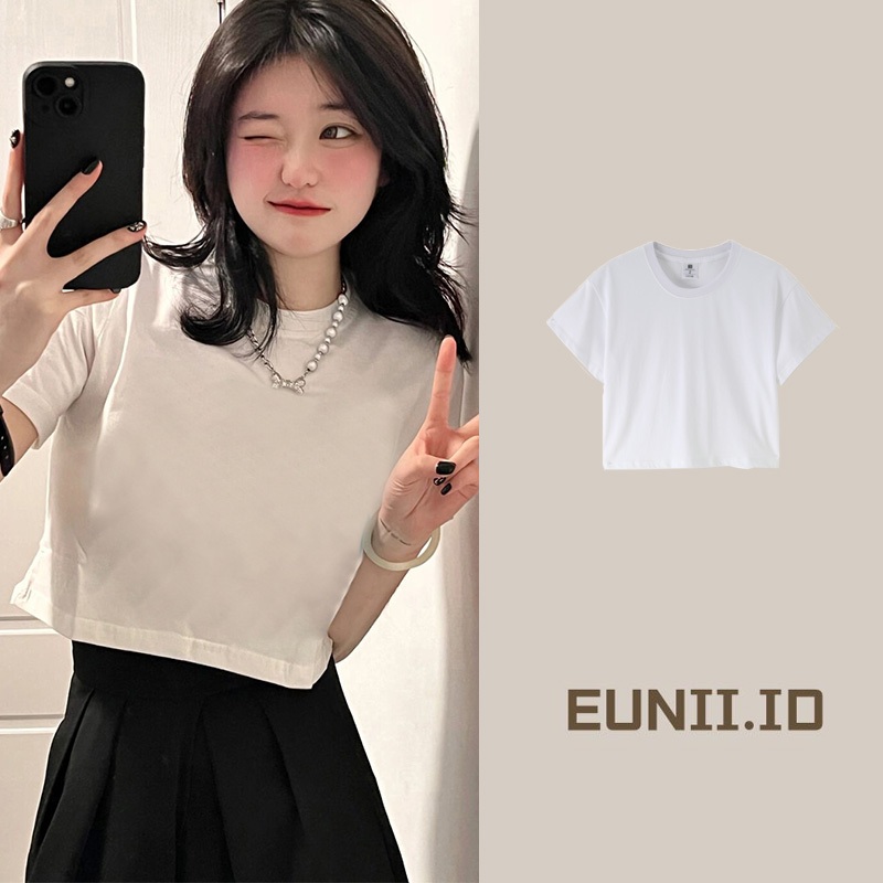 EUNII T-Shirt Lengan Pendek Wanita Loose Kaos Crop Top Korea Atasan