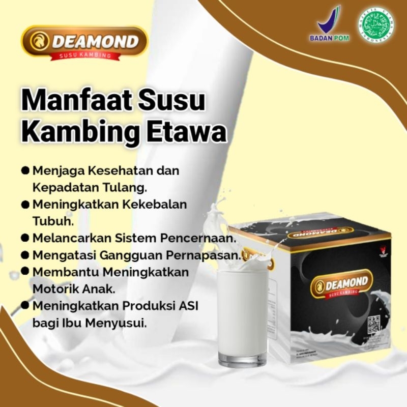 

DEAMOND SUSU KAMBING PREMIUM Mempunyai rasa yang gurih manis dan tidak bau prengus menjadikan dapat dikonsumsi semua umur. Diolah secara higienis dan selalu menjaga kualitas