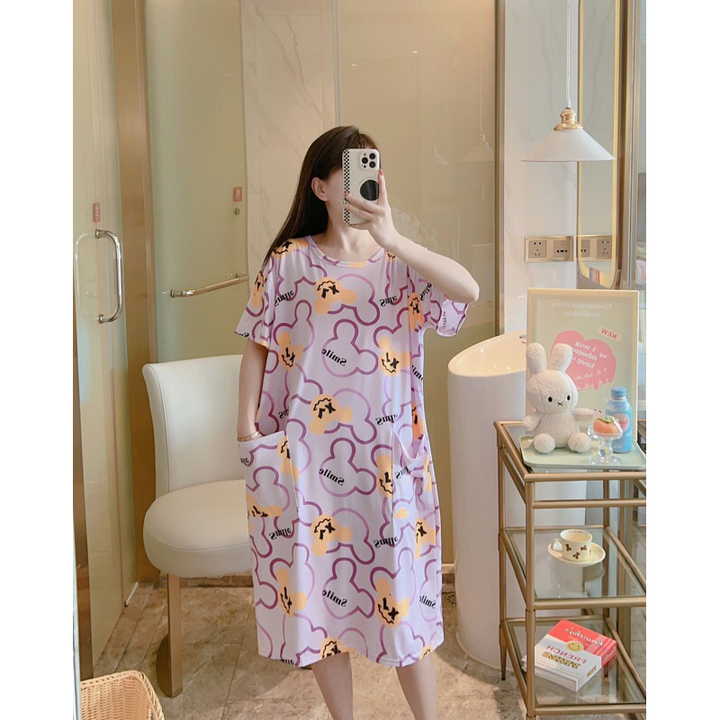 (𝐓𝐞𝐫𝐛𝐚𝐫𝐮) Motif Smile mickey mouse Daster Dress Wanita Baju Tidur Wanita Babydoll terusan LD 115Cm M