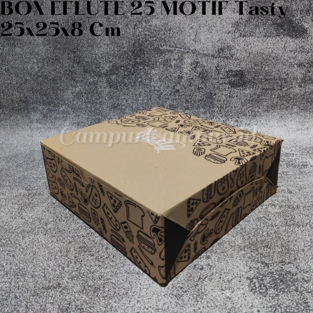 

Box Kardus Eflute Coklat Motif Tasty 25x25x8 Cm Packaging Hampers Aksesoris Olshop Baju Kado Snack