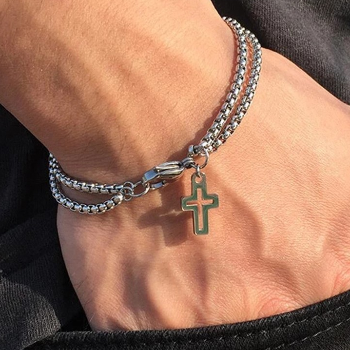 Gelang Salib Rantai Minimalis / Gelang Rantai Dua Layer Stainless Liontin Salib Jesus Kristen Katoli