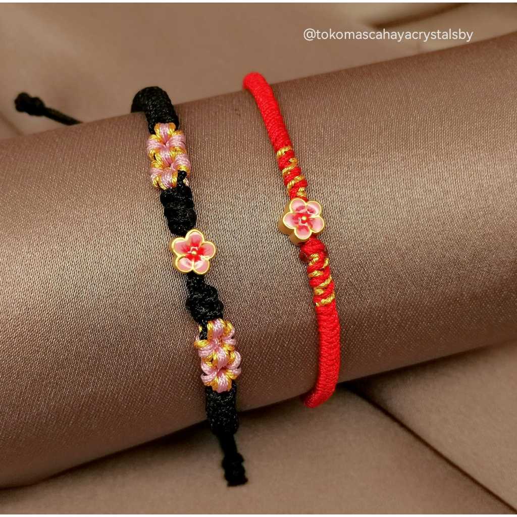 Gelang Tali Emas Charm Sakura Merah Pink Emas 24 Karat HK Hongkong 999% - Gold Bracelet