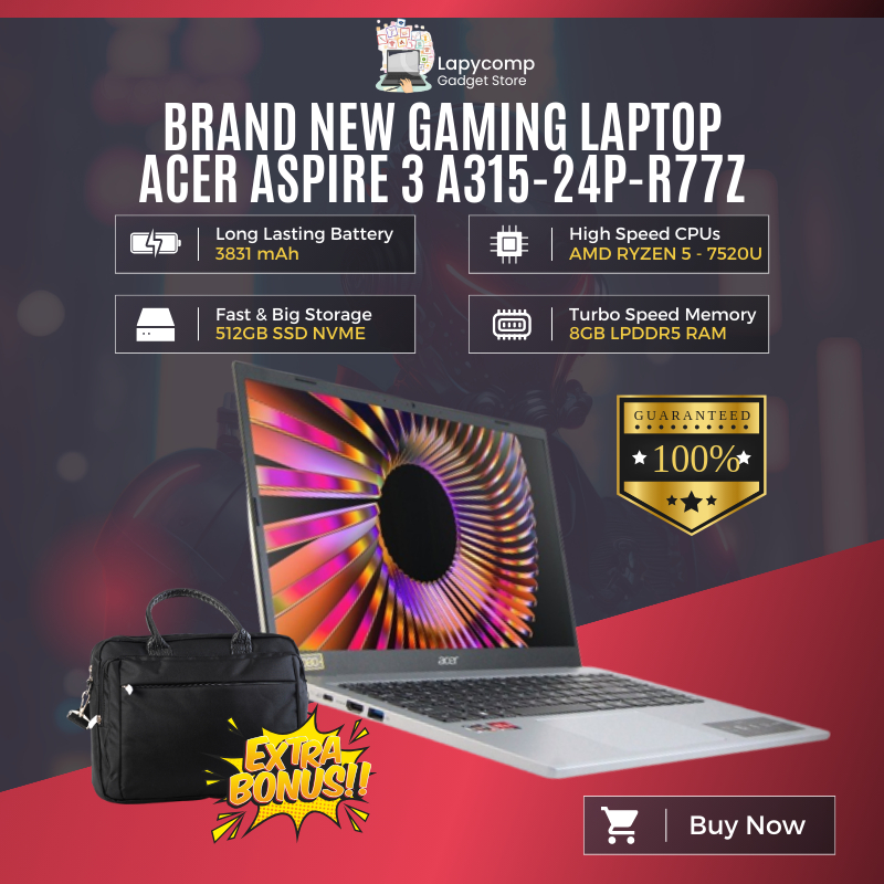 LAPTOP 5 JUTAAN ACER ASPIRE 3 A315-R77Z AMD RYZEN 5-7520 SSD 512GB RAM 8GB LAYAR 15.6" FHD FREE TAS