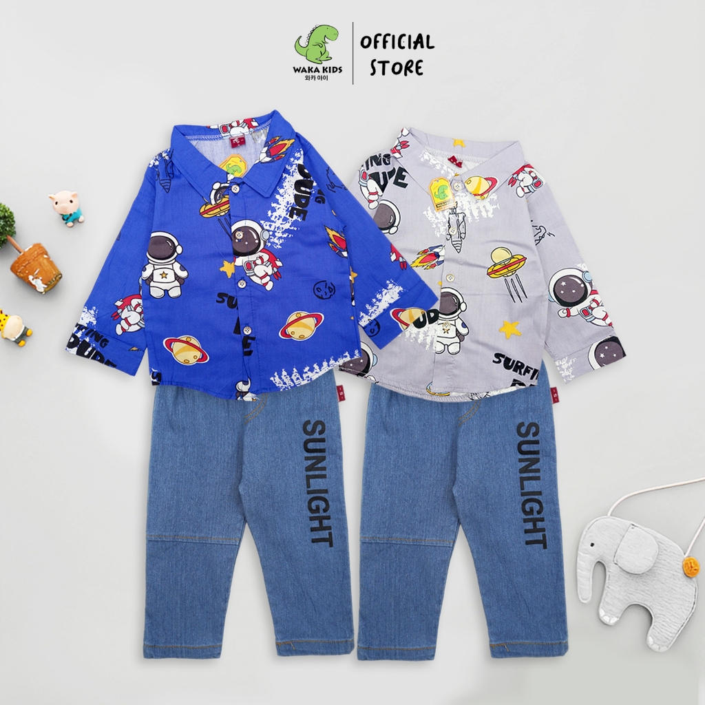 Wakakids Setelan Kemeja Anak Laki Laki Lengan Panjang Celana Jeans One Set Motif Astronot 4394 Venrc