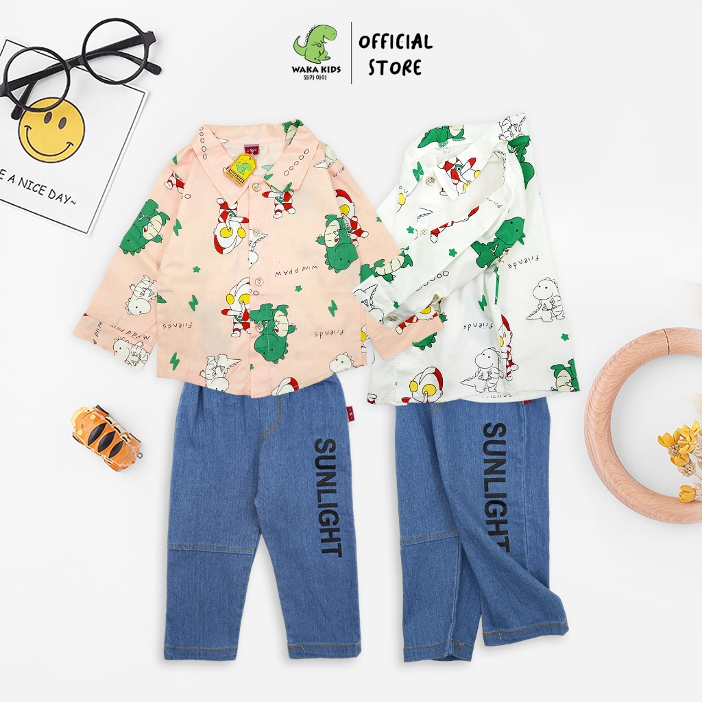 Wakakids Setelan Kemeja Anak Laki Laki dan Perempuan Lengan Panjang Celana Jeans One Set Motif Dino 