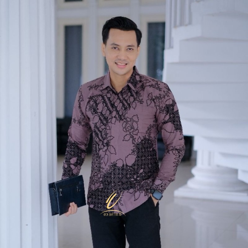 Kemeja batik pria original slimfit Motif Kembang Setaman warna ungu soft terbaru baju batik lengan p