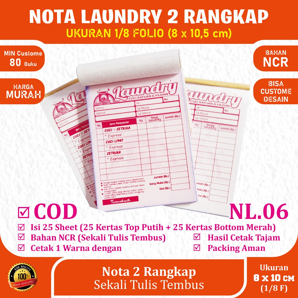 

Nota Laundry, Bon Laundry NCR 2 play 1/8 folio isi 25 set Motif 3 Cetak Pink