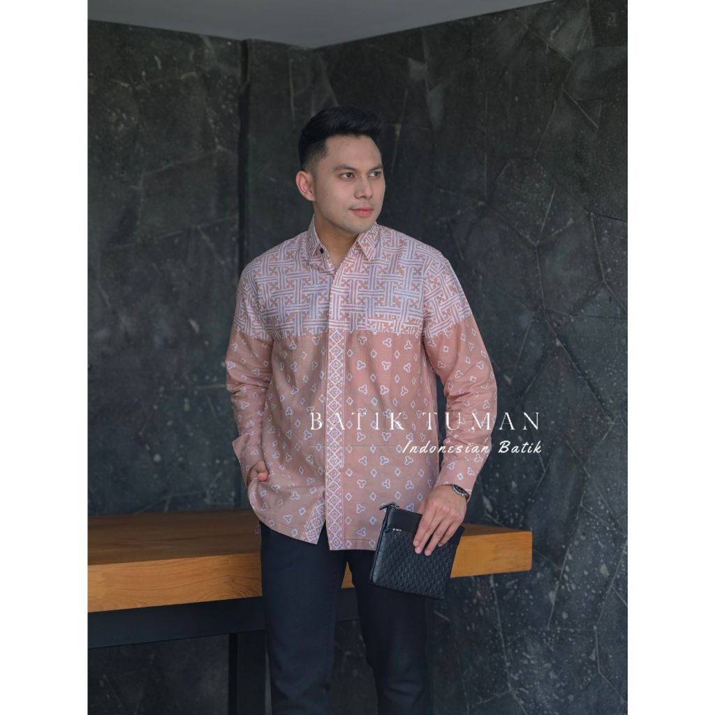 ARYALOKA MOCCA NUDE Kemeja Batik Pria Lengan Panjang Soft Pastel Choco Garutan Cap Katun Halus