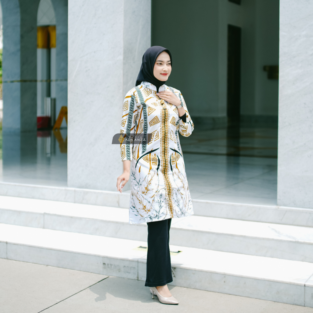 BATIK ARKANZA Baju TUNIK Motif HANDARU PUTIH Batik Wanita Ramadhan Full Lapis TRICOT Original Asli