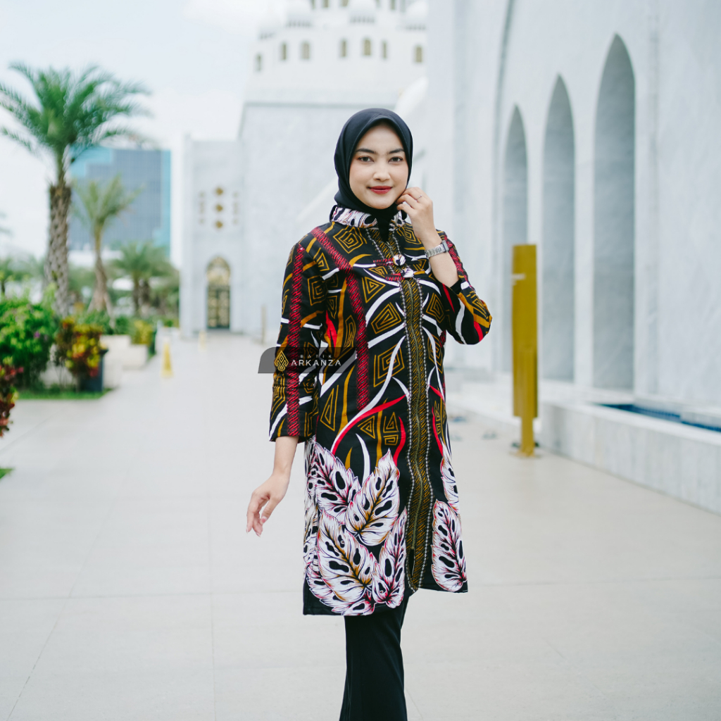 BATIK ARKANZA Baju TUNIK Motif HANDARU HITAM Batik Wanita Ramadhan Full Lapis TRICOT Original Asli