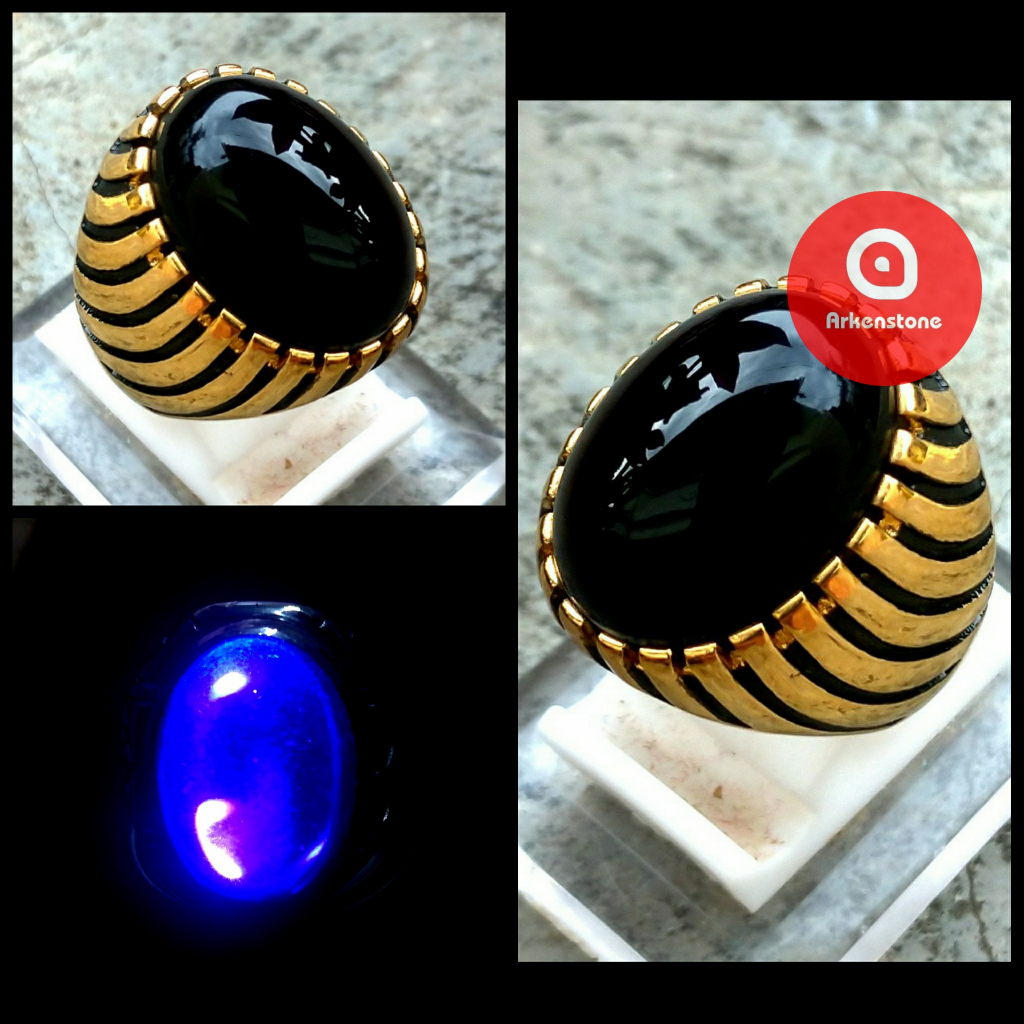 Cincin Gold Emas Batu Akik Safir Wulung Crystal Hitam Pekat Tembus Biru