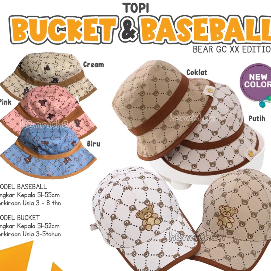 ORIGINAL BANYAK MOTIF BUCKET TOPI BASEBALL BEAR GC XX  ROCKET  BUNGA  DINO  SPIDER TOPI ANAK 13 TAHU
