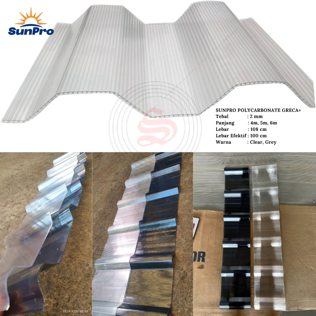 Sunpro Greca+ Polycarbonate 2mm Clear/Atap Plastik Bergelombang per 1 Meter/Twinlite Greca/Inv