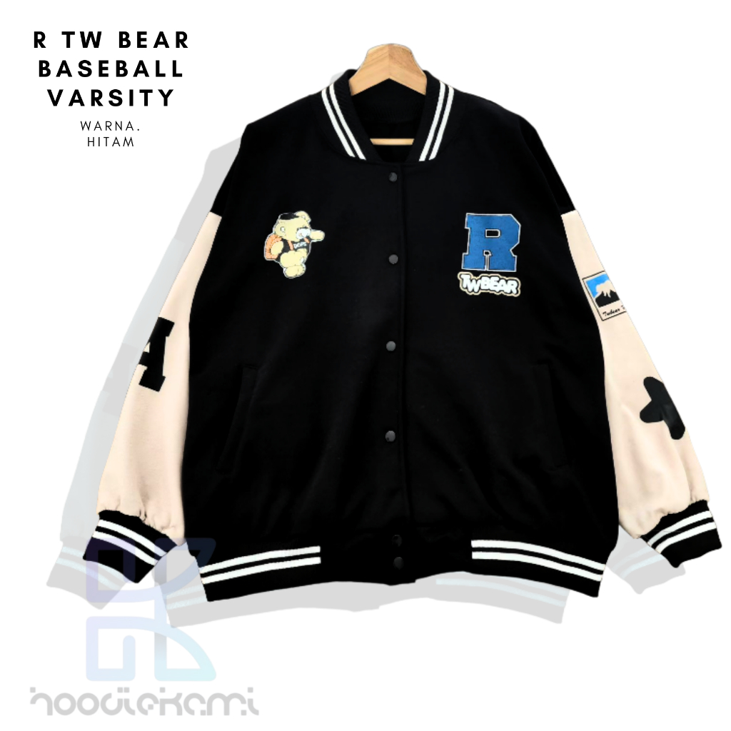 R TW BEAR BASEBALL VARSITY JACKET UNISEX BAHAN FLEECE