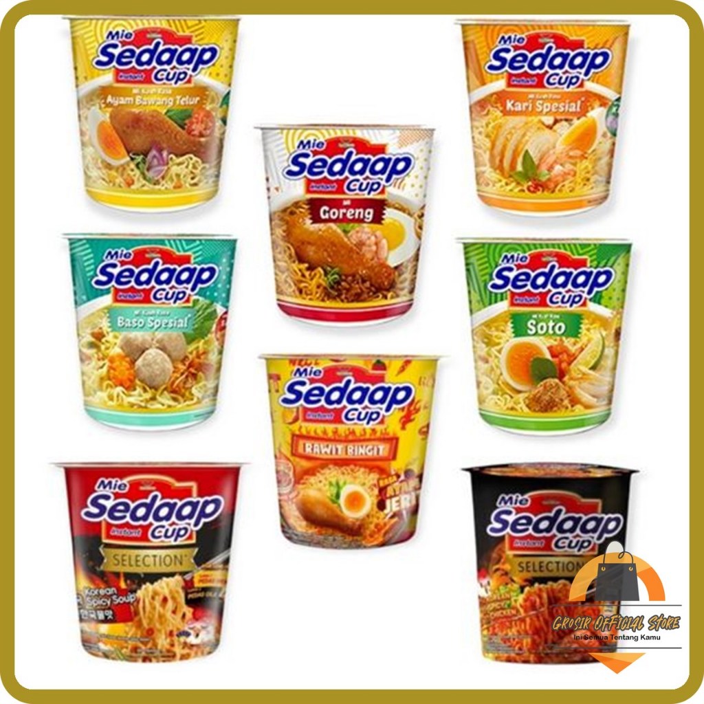 

Mie Sedaap Cup Instan All Varian / Goreng / Soto / Rawit Bingit / Korean Spicy / Baso / Kari Spesial