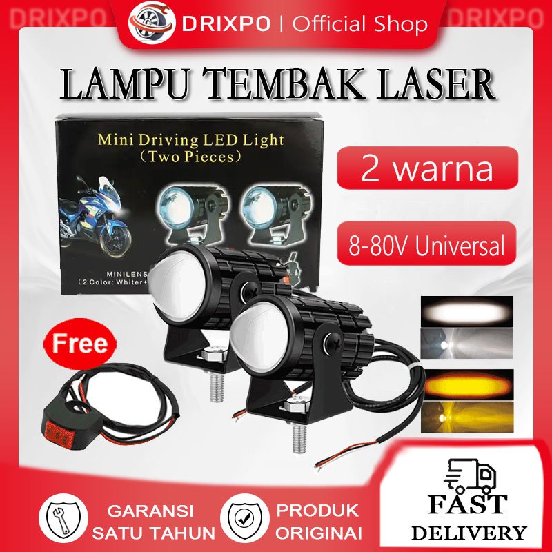DRIXPO Original lampu tembak laser 2 warna High low putih kuning waterproof / lampu led motor/lampu 