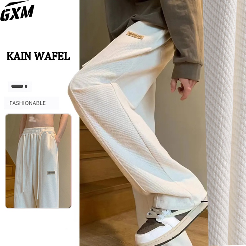 SHOPEE MALL celana panjang polos pria putih Kain wafel celana lurus highwaist tebal celana panjang p