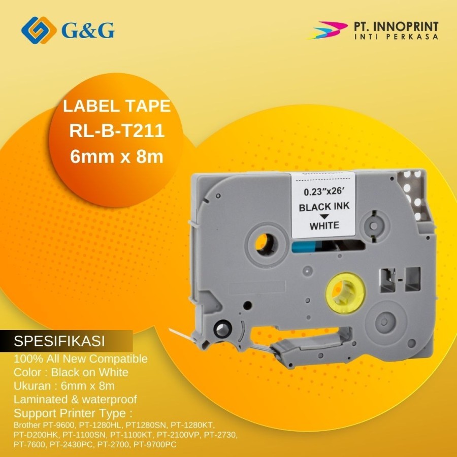 

Label tape G&G for Brother Label Tape TZE-211 6mm x 8m Black ink White