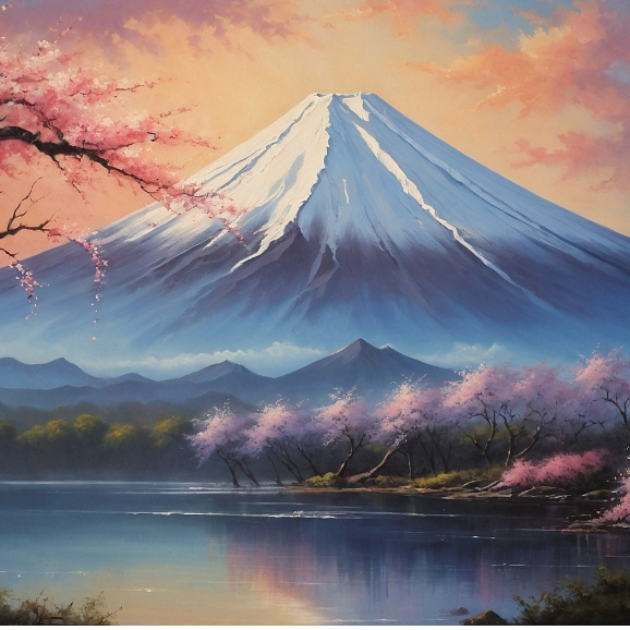 Lukisan Pemandangan Gunung Fuji Jepang dengan Pohon Sakura yang Indah